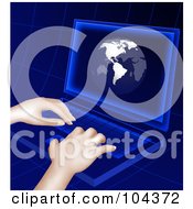 Poster, Art Print Of Royalty-Free Rf Clipart Illustration Of Hands Typing On A Blue Laptop With A Globe On The Screen