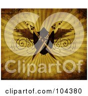 Royalty Free RF Clipart Illustration Of A Grungy Ray Background With Crossed Swords Over A Winged Shield