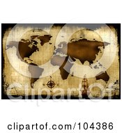 Royalty Free RF Clipart Illustration Of A Grungy Aged Antique Map Background With A Ship by BNP Design Studio