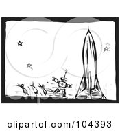 Royalty Free RF Clipart Illustration Of A Black And White Woodcut Styled Robot Chasing People Away From A Rocket by xunantunich