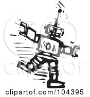 Royalty Free RF Clipart Illustration Of A Black And White Woodcut Styled Dancing Robot
