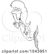 Poster, Art Print Of Cartoon Black And White Outline Design Of A Swimming Mermaid