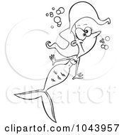 Poster, Art Print Of Cartoon Black And White Outline Design Of A Happy Swimming Mermaid
