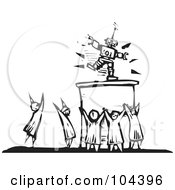 Black And White Woodcut Styled Scene Of People Worshiping A Robot