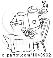 Cartoon Black And White Outline Design Of A Businessman Reading A Diner Menu