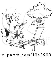 Royalty Free RF Clip Art Illustration Of A Cartoon Black And White Outline Design Of A Mans Laptop Having A Meltdown