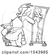 Poster, Art Print Of Cartoon Black And White Outline Design Of A Businessman Dressing In Front Of A Mirror