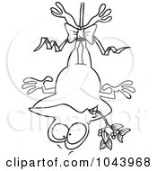 Poster, Art Print Of Cartoon Black And White Outline Design Of A Frog Hanging Upside Down With Mistletoe