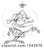 Poster, Art Print Of Cartoon Black And White Outline Design Of A Female Frog In A Santa Suit Under Mistletoe