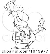 Cartoon Black And White Outline Design Of A Minister Holding A Bible And Drumstick