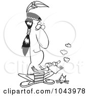 Royalty Free RF Clip Art Illustration Of A Cartoon Black And White Outline Design Of A Native American Man Fanning A Fire With A Memo