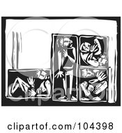 Royalty Free RF Clipart Illustration Of A Black And White Woodcut Styled Man In Different Positions In Boxes