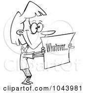 Royalty Free RF Clip Art Illustration Of A Cartoon Black And White Outline Design Of A Businesswoman Holding A Whatever Sign