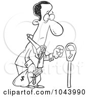 Cartoon Black And White Outline Design Of A Black Businessman Holding A Money Bag By A Meter