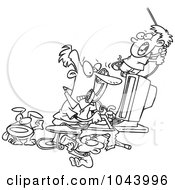 Cartoon Black And White Outline Design Of A Father Working From Home
