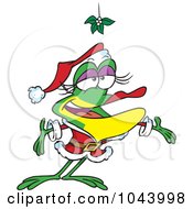 Poster, Art Print Of Cartoon Female Frog In A Santa Suit Under Mistletoe