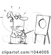 Cartoon Black And White Outline Design Of A Businessman Pointing To A Board With A Hole