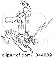 Poster, Art Print Of Cartoon Black And White Outline Design Of A Misfortunate Businessman Running From Lightning