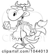 Royalty Free RF Clip Art Illustration Of A Cartoon Black And White Outline Design Of A Super Cow Holding A Glass Of Milk by toonaday