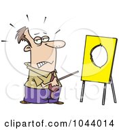 Cartoon Businessman Pointing To A Board With A Hole