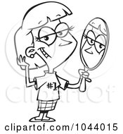 Poster, Art Print Of Cartoon Black And White Outline Design Of A Woman Staring Vainly In A Mirror