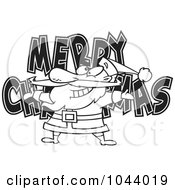 Royalty Free RF Clip Art Illustration Of A Cartoon Black And White Outline Design Of Santa Over MERRY CHRISTMAS
