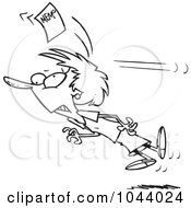 Royalty Free RF Clip Art Illustration Of A Cartoon Black And White Outline Design Of A Businesswoman Being Knocked Out With A Memo