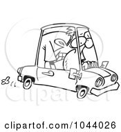 Poster, Art Print Of Cartoon Black And White Outline Design Of A Man Cramped Into His Mini Car