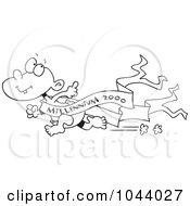 Poster, Art Print Of Cartoon Black And White Outline Design Of A Running New Year Baby With A Banner