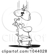 Royalty Free RF Clip Art Illustration Of A Cartoon Black And White Outline Design Of A Money Bag Falling On A Man