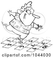 Cartoon Black And White Outline Design Of A Happy Woman Playing Hopscotch