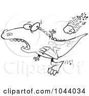 Cartoon Black And White Outline Design Of A Dinosaur Running From A Falling Meteor