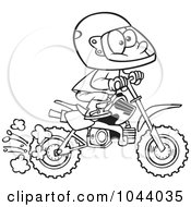 Poster, Art Print Of Cartoon Black And White Outline Design Of A Boy Riding A Dirt Bike