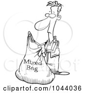 Poster, Art Print Of Cartoon Black And White Outline Design Of A Man Holding A Mixed Bag