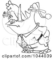 Poster, Art Print Of Cartoon Black And White Outline Design Of A Business Rhino Holding Mistletoe And Puckering