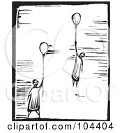 Poster, Art Print Of Royalty-Free Rf Clipart Illustration Of Black And White Woodcut Styled People Floating With Balloons