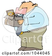 Fired Businessman Biting A Pink Slip And Carrying A Box Of His Stuff