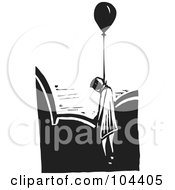 Black And White Woodcut Styled Dead Man Hanged By A Balloon Floating Above Clouds