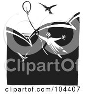 Royalty Free RF Clipart Illustration Of A Black And White Woodcut Styled Person Floating Above The Clouds With Birds And A Balloon by xunantunich