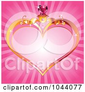 Poster, Art Print Of Gold Heart Frame With A Gem Over Pink Rays