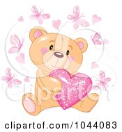 Poster, Art Print Of Teddy Bear Hugging A Pink Heart Surrounded By Butterflies