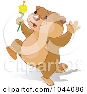 Cute Groundhog Running With A Flower