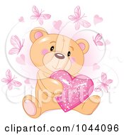Poster, Art Print Of Teddy Bear Holding A Pink Heart Surrounded By Butterflies