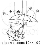 Poster, Art Print Of Cartoon Black And White Outline Design Of Money Raining Down On A Businessman