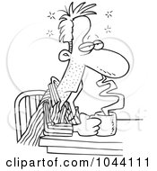 Cartoon Black And White Outline Design Of A Sleepy Man Sitting With Coffee