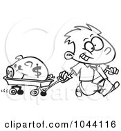 Poster, Art Print Of Cartoon Black And White Outline Design Of A Rich Boy Pulling His Piggy Bank In A Wagon