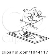 Poster, Art Print Of Cartoon Black And White Outline Design Of A Rich Businesswoman Surfing On A Dollar Bill