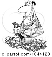 Poster, Art Print Of Cartoon Black And White Outline Design Of A Rich Businessman Standing In Cash