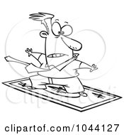 Poster, Art Print Of Cartoon Black And White Outline Design Of A Rich Businessman Surfing On A Dollar Bill