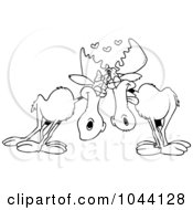 Royalty Free RF Clip Art Illustration Of A Cartoon Black And White Outline Design Of A Moose Pair In Love by toonaday